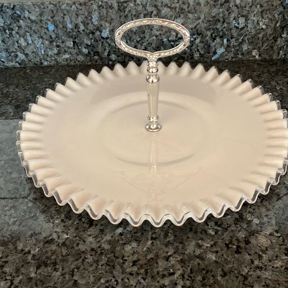 Milk Glass Serving Dish With Handle & Ruffled Edges